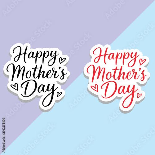 Happy Mother's Day Calligraphy Stickers Vector, Elegant Script Lettering with Hearts Collection, Cutout Decals on Split Pastel Background