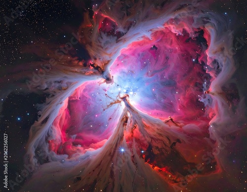 A vibrant, swirling nebula with shades of pink, blue, and orange, set against a starry black background (1)