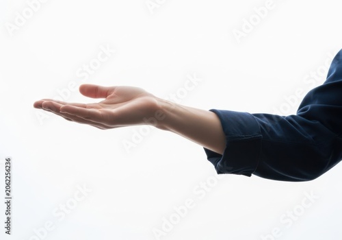 Person hand palm out in open gesture isolated on white background