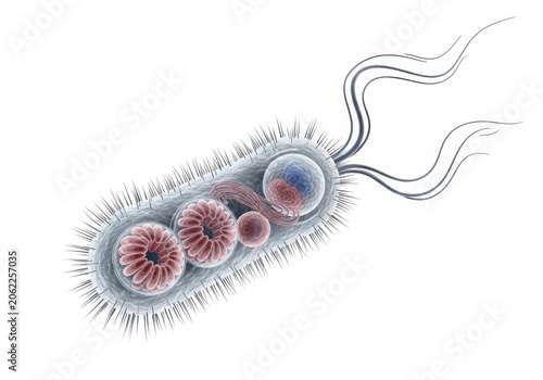 Isolated scientific illustration of a bacterium with flagella and internal structures isolated on white background