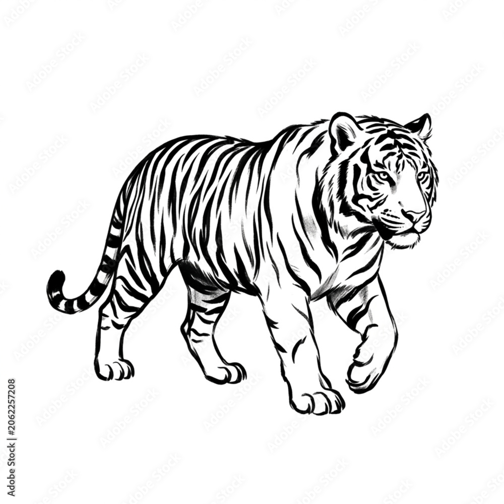 Obraz premium Tiger walking illustration black and white drawing.
