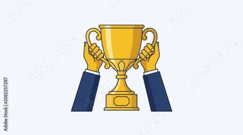 Fotografie Golden trophy held aloft by hands in business attire celebrating victory