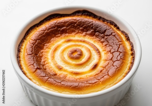 Golden spiral swirl baked tart on white plate isolated isolated on white background