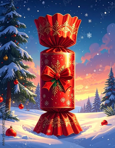 A vibrant Christmas cracker stands in snowy landscape with trees