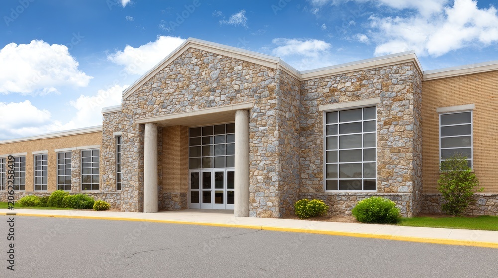 Fototapeta premium Modern stone building exterior with large windows and a welcoming entrance against a bright blue sky and fluffy clouds in daylight setting