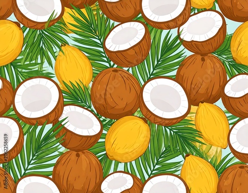A vibrant pattern of tropical fruits and leaves on a light blue background