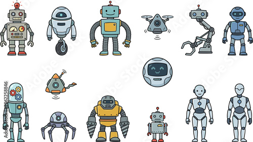 Foto Futuristic Robot and Drone Character Icon Set with Retro Cyborgs Androids Sci Fi