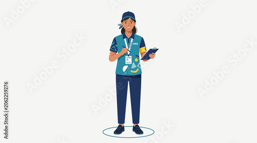 Illustration of a person in uniform holding a clipboard and pen