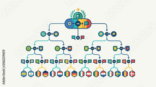 Visual representation of a tournament bracket with team flags and game progress indicators