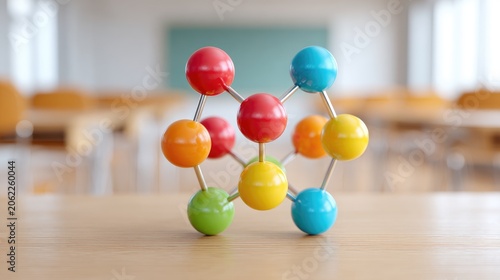 Colorful Molecular Model Displayed on Table in Classroom Setting, Representing Science and Education Concepts for Students and Teachers