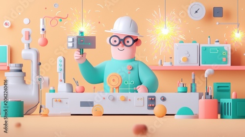 Surreal professional electrical engineer working in a lab filled with innovative devices a unique atmosphere