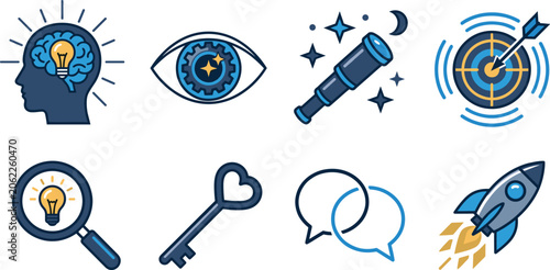 Business innovation and corporate strategy thick line flat vector icon set startup rocket target