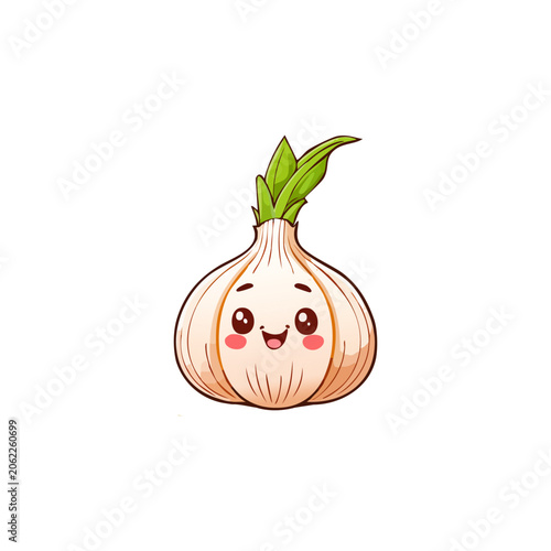 Cute and friendly garlic bulb cartoon illustration with a happy face and rosy cheeks, perfect for food design, healthy eating campaigns, and cheerful kitchen decor