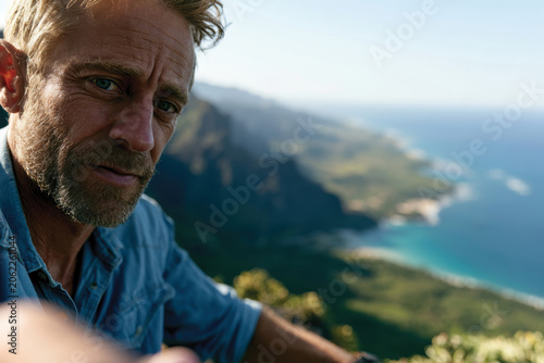 A reflective man is seen staring thoughtfully at a stunning landscape from a mountain top, capturing the beauty of nature and the sense of introspection that comes with it.