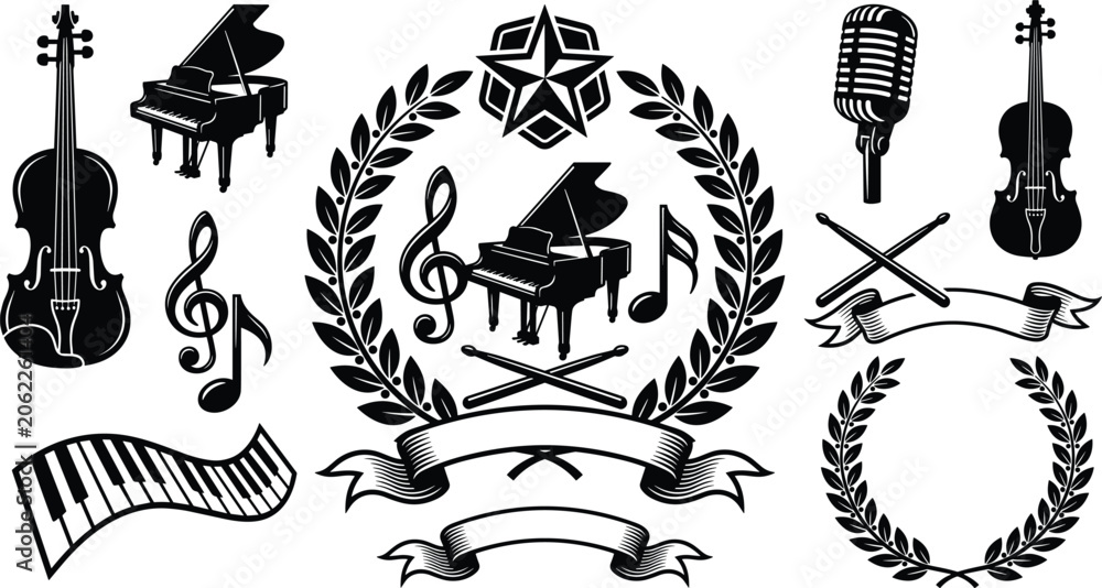 Naklejka premium Music Performance Vector Set with Piano Violin Microphone and Laurel Emblems