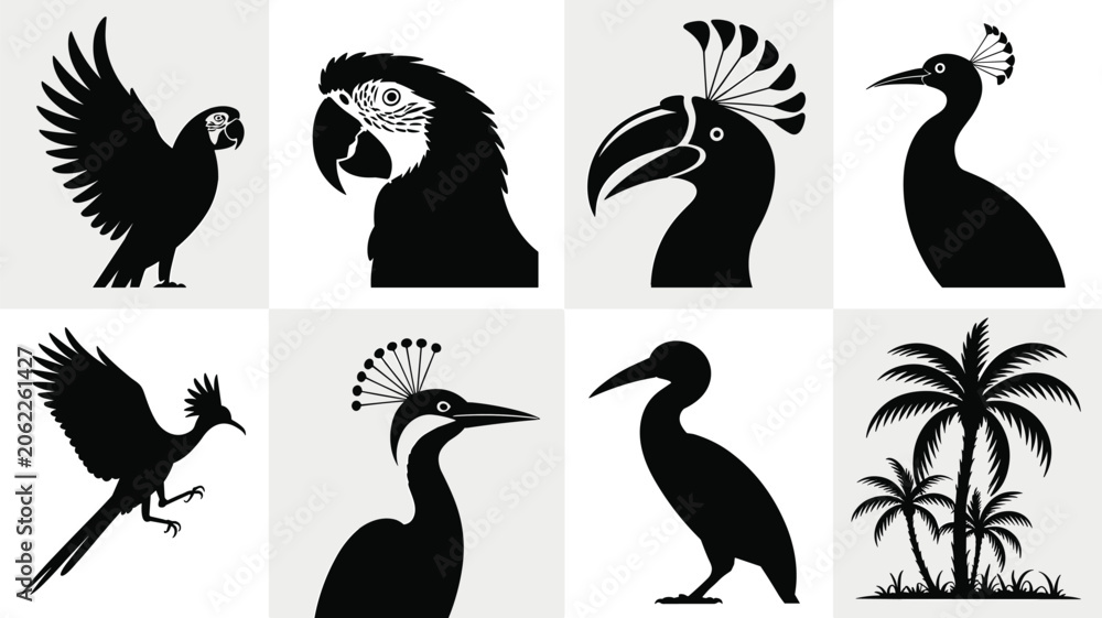 Fototapeta premium Elegant Tropical Bird Silhouette Collection with Exotic Parrot, Crane, Stork, and Palm Tree Designs