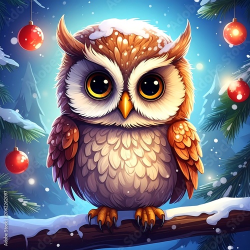 A whimsical owl perches on a snowy branch surrounded by festive decorations