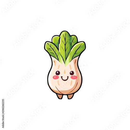 Cute cartoon bok choy character mascot with a happy smiling face, isolated on a white background