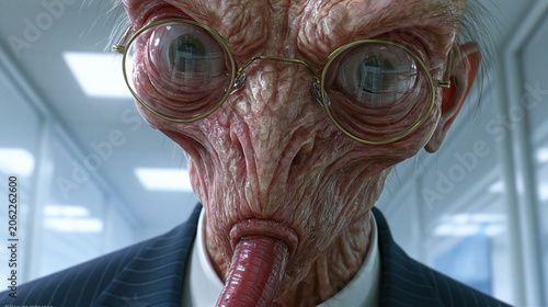 Grotesque alien parasite executive in suit as predatory corporate monster in surreal art