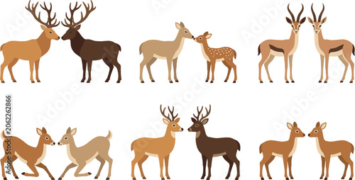 Woodland Deer and Gazelle Character Collection Vector Featuring Antlered Stags Does Spotted Fawns and Horned Antelopes Standing in Pairs for Wildlife Designs