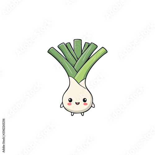 Cute cartoon green onion character illustration in kawaii style