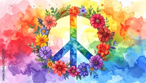 Peace Symbol with Rainbow Flowers and Watercolor Splashes: A vibrant watercolor illustration featuring a peace symbol adorned with a wreath of colorful flowers.