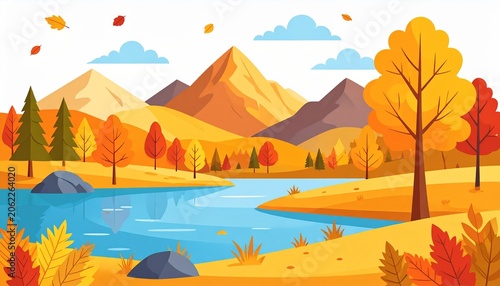Autumnal Landscape: A vibrant, flat illustration depicts a serene autumn scene with a winding river reflecting the warm hues of a mountain range.