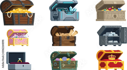 Photos Treasure Chest Icon Set with Medieval Wooden Boxes Sci Fi Crates Jewelry Safes a