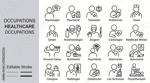 Comprehensive vector icon set of healthcare occupations featuring doctors, nurses, pharmacists and other medical professionals in a clean, professional style