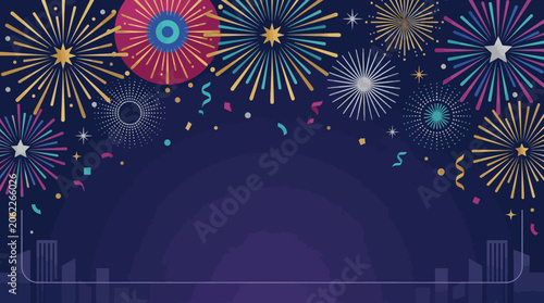 Vibrant Fireworks Display Illuminating the Night Sky Above a City Skyline, Celebrating a Special Event or New Year's Eve with Explosions of Color and Festive Sparkle