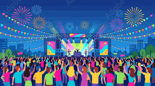 Vibrant Outdoor Music Festival Concert Crowd Celebration with Fireworks and Stage Lights Illustration
