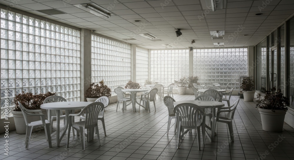 Fototapeta premium Empty Modern Cafeteria with White Plastic Furniture and Glass Block Walls in Bright Indoor Setting