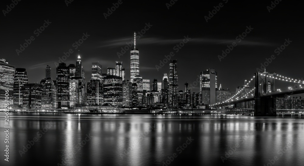 Fototapeta premium Panoramic Black and White Night View of Lower Manhattan Skyline and Brooklyn Bridge with Water Reflections