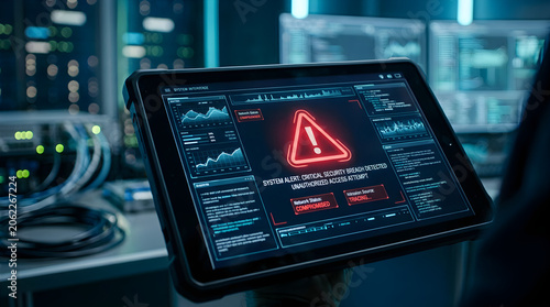 Cyber threat alert, warning sign on tablet, security breach notification, hacker attack isolated on Transparent Background