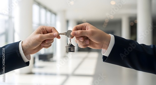 Close-up of two businesspeople exchanging house keys, symbolizing real estate transactions and property ownership.