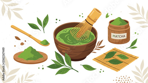 Traditional Japanese Matcha Green Tea Ceremony Set Vector Featuring Whisk Bowl Powder Jar Spoon Bamboo Mat and Fresh Tea Leaves for Healthy Beverage Menu Designs
