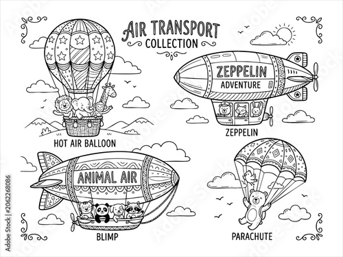 Fotografie Steampunk air transport collection with hot air balloon zeppelin blimp parachute