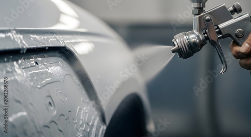 Professional automotive painter applying fresh coat of paint to a car body panel using a spray gun in a workshop environment.
