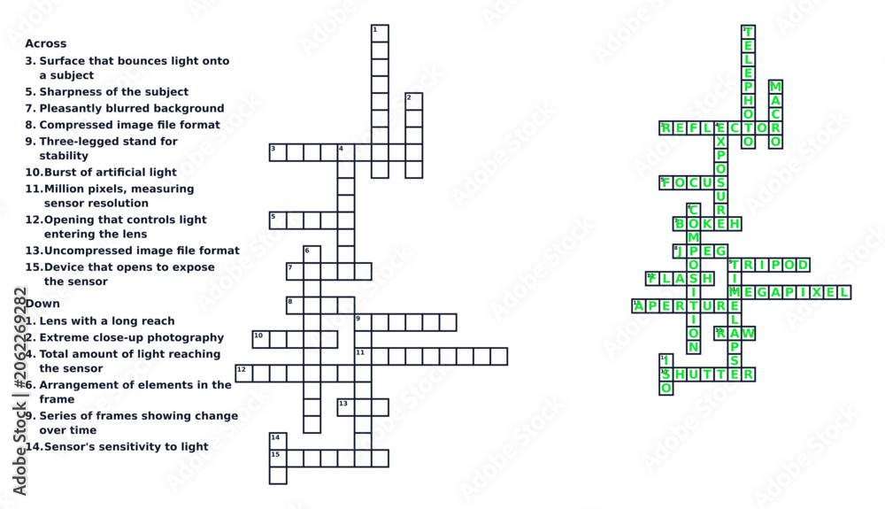 Obraz premium Photography vocabulary crossword puzzle. Camera terms word game vector template with solution. Isolated on transparent background