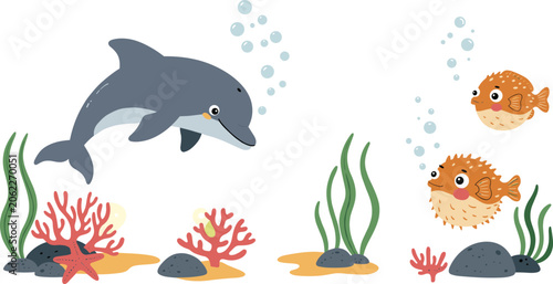 Photography Cute cartoon dolphin and pufferfish underwater with coral and sea plants, marine