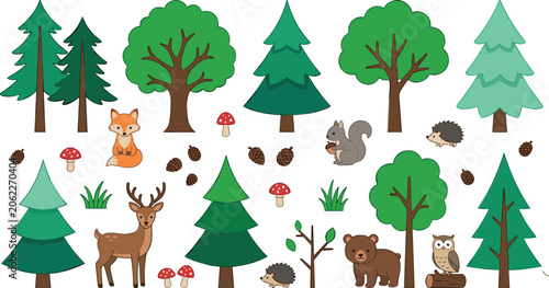 Cute Woodland Animals and Green Forest Trees Collection with Bear Fox Deer Owl Squirrel Hedgehog Pine and Mushroom Vector Icons for Kids Graphic Designs