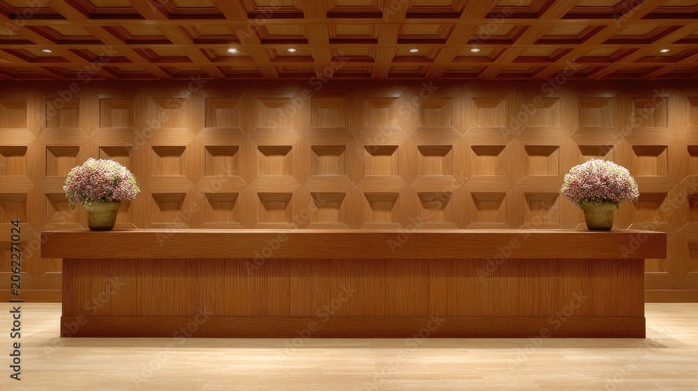 Obraz premium Modern Reception Area with Stylish Wooden Paneling and Elegant Floral Arrangements in Contemporary Interior Design Setting