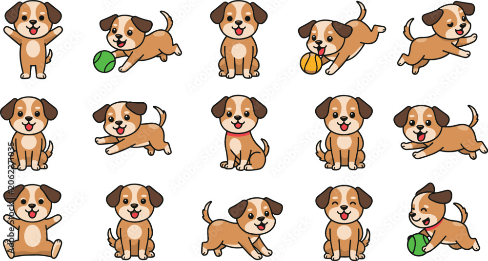 Fototapeta premium Cute cartoon puppy dog set, playful pet characters in different poses, adorable dog mascot clipart, vector illustration