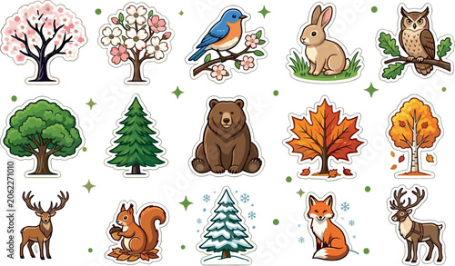 Cute Woodland Animals and Forest Trees Sticker Set Featuring Bear Fox Deer Rabbit Squirrel Owl Bluebird Pine and Seasonal Maple Vegetation Vector