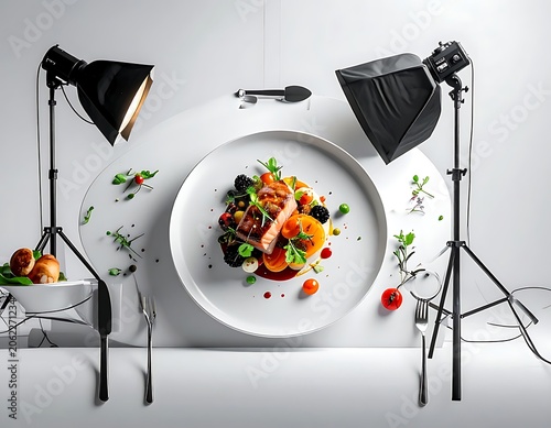 Studio food photography with lighting setup.
