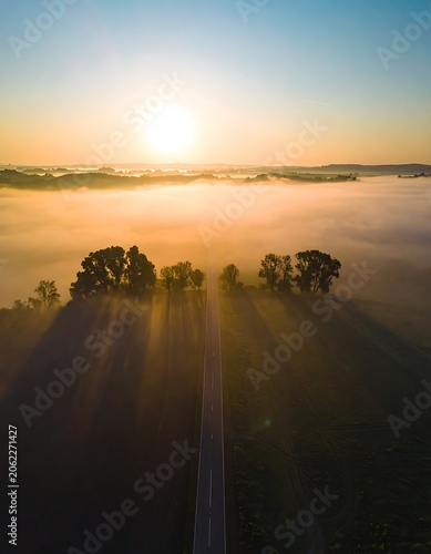 Sunrise over foggy landscape with trees.
