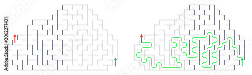 Weather themed maze puzzle with solution path. Cloud shaped labyrinth game grid for kids activity. Minimalist line art vector illustration isolated on transparent background
