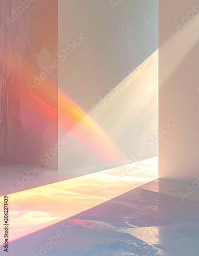 Sunlight streaming through empty room corner.