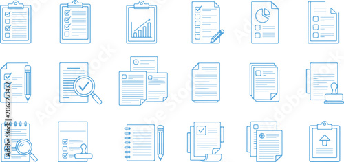 Set of blue clipboard document icons for business tasks with clipboard checklist document business management planning analysis schedule information strategy compliance verification