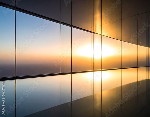 Sunset view through office building windows.